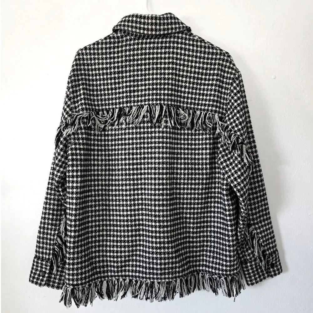 Zara Houndstooth Fringed Overshirt Barn Jacket Oversized Tweed Shacket 4391/737 - Picture 8 of 15